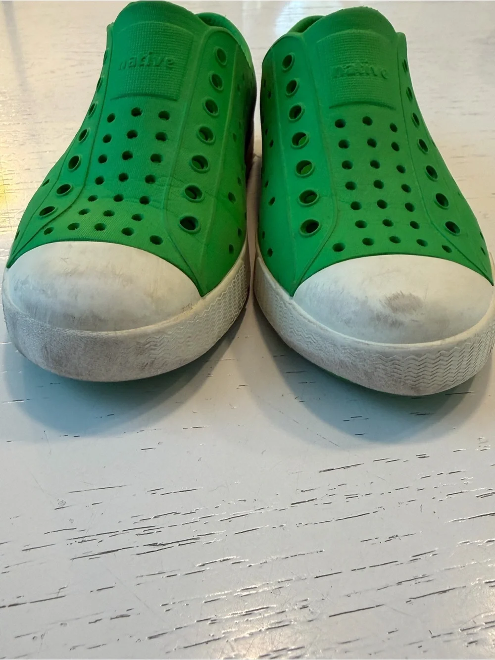 Native Jefferson Kids Bright Green Slip-On Water Shoes with White Toe Caps, C12
